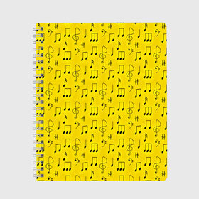 Тетрадь с принтом Ноты в Новосибирске, 100% бумага | 48 листов, плотность листов — 60 г/м2, плотность картонной обложки — 250 г/м2. Листы скреплены сбоку удобной пружинной спиралью. Уголки страниц и обложки скругленные. Цвет линий — светло-серый
 | Тематика изображения на принте: желтый | музыка