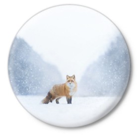 Значок с принтом лесная красотка в Новосибирске,  металл | круглая форма, металлическая застежка в виде булавки | Тематика изображения на принте: зима | лес | лиса | рыжая | снег | тайга
