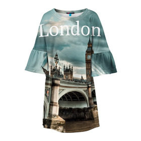 Детское платье 3D с принтом London в Новосибирске, 100% полиэстер | прямой силуэт, чуть расширенный к низу. Круглая горловина, на рукавах — воланы | Тематика изображения на принте: england | london | vjcn. биг бен | англия | британия | великобритания | владычица морей | город | гостеприимный | дождей | клевый | красивый | лилия | лондон | на темзе | окна | прикольный | столица | тауэр