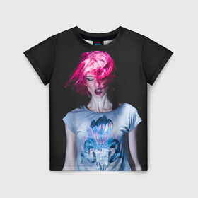 Детская футболка 3D с принтом девушка с розовыми волосами в Новосибирске, 100% гипоаллергенный полиэфир | прямой крой, круглый вырез горловины, длина до линии бедер, чуть спущенное плечо, ткань немного тянется | волосы | девушка | мода | парик | перья | розовый | стиль | череп | этника | этно