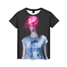 Женская футболка 3D с принтом девушка с розовыми волосами в Новосибирске, 100% полиэфир ( синтетическое хлопкоподобное полотно) | прямой крой, круглый вырез горловины, длина до линии бедер | волосы | девушка | мода | парик | перья | розовый | стиль | череп | этника | этно