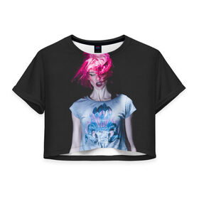 Женская футболка 3D укороченная с принтом девушка с розовыми волосами в Новосибирске, 100% полиэстер | круглая горловина, длина футболки до линии талии, рукава с отворотами | волосы | девушка | мода | парик | перья | розовый | стиль | череп | этника | этно
