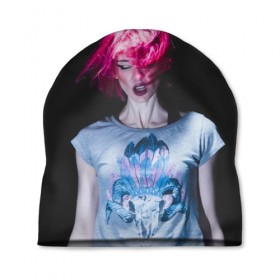 Шапка 3D с принтом девушка с розовыми волосами в Новосибирске, 100% полиэстер | универсальный размер, печать по всей поверхности изделия | волосы | девушка | мода | парик | перья | розовый | стиль | череп | этника | этно