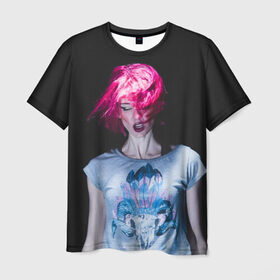 Мужская футболка 3D с принтом девушка с розовыми волосами в Новосибирске, 100% полиэфир | прямой крой, круглый вырез горловины, длина до линии бедер | волосы | девушка | мода | парик | перья | розовый | стиль | череп | этника | этно