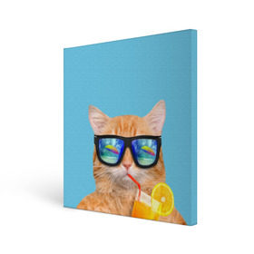 Холст квадратный с принтом котэ на отдыхе в Новосибирске, 100% ПВХ |  | кот | котик | лето | море | отдых | очки | пальмы | пляж | рыжий кот | солнце