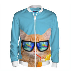 Мужской бомбер 3D с принтом котэ на отдыхе в Новосибирске, 100% полиэстер | застегивается на молнию, по бокам два кармана без застежек, по низу бомбера и на воротнике - эластичная резинка | кот | котик | лето | море | отдых | очки | пальмы | пляж | рыжий кот | солнце