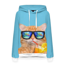Женская толстовка 3D с принтом котэ на отдыхе в Новосибирске, 100% полиэстер  | двухслойный капюшон со шнурком для регулировки, мягкие манжеты на рукавах и по низу толстовки, спереди карман-кенгуру с мягким внутренним слоем. | кот | котик | лето | море | отдых | очки | пальмы | пляж | рыжий кот | солнце