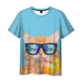 Мужская футболка 3D с принтом котэ на отдыхе в Новосибирске, 100% полиэфир | прямой крой, круглый вырез горловины, длина до линии бедер | кот | котик | лето | море | отдых | очки | пальмы | пляж | рыжий кот | солнце