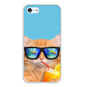 Чехол для iPhone 5/5S матовый с принтом котэ на отдыхе в Новосибирске, Силикон | Область печати: задняя сторона чехла, без боковых панелей | кот | котик | лето | море | отдых | очки | пальмы | пляж | рыжий кот | солнце