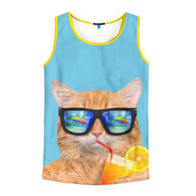 Мужская майка 3D с принтом котэ на отдыхе в Новосибирске, 100% полиэстер | круглая горловина, приталенный силуэт, длина до линии бедра. Пройма и горловина окантованы тонкой бейкой | Тематика изображения на принте: кот | котик | лето | море | отдых | очки | пальмы | пляж | рыжий кот | солнце