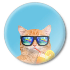 Значок с принтом котэ на отдыхе в Новосибирске,  металл | круглая форма, металлическая застежка в виде булавки | кот | котик | лето | море | отдых | очки | пальмы | пляж | рыжий кот | солнце
