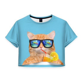 Женская футболка 3D укороченная с принтом котэ на отдыхе в Новосибирске, 100% полиэстер | круглая горловина, длина футболки до линии талии, рукава с отворотами | кот | котик | лето | море | отдых | очки | пальмы | пляж | рыжий кот | солнце