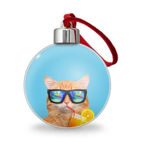 Ёлочный шар с принтом котэ на отдыхе в Новосибирске, Пластик | Диаметр: 77 мм | кот | котик | лето | море | отдых | очки | пальмы | пляж | рыжий кот | солнце