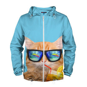 Мужская ветровка 3D с принтом котэ на отдыхе в Новосибирске, 100% полиэстер | подол и капюшон оформлены резинкой с фиксаторами, два кармана без застежек по бокам, один потайной карман на груди | Тематика изображения на принте: кот | котик | лето | море | отдых | очки | пальмы | пляж | рыжий кот | солнце