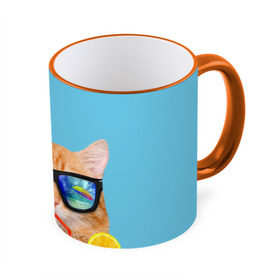 Кружка 3D с принтом котэ на отдыхе в Новосибирске, керамика | ёмкость 330 мл | Тематика изображения на принте: кот | котик | лето | море | отдых | очки | пальмы | пляж | рыжий кот | солнце
