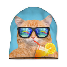 Шапка 3D с принтом котэ на отдыхе в Новосибирске, 100% полиэстер | универсальный размер, печать по всей поверхности изделия | Тематика изображения на принте: кот | котик | лето | море | отдых | очки | пальмы | пляж | рыжий кот | солнце