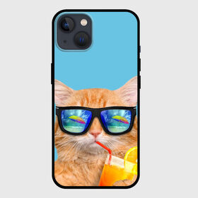 Чехол для iPhone 13 с принтом котэ на отдыхе в Новосибирске,  |  | Тематика изображения на принте: кот | котик | лето | море | отдых | очки | пальмы | пляж | рыжий кот | солнце