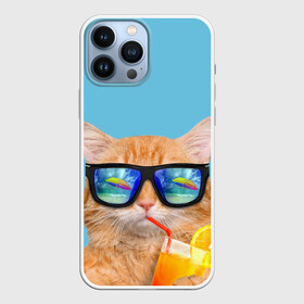 Чехол для iPhone 13 Pro Max с принтом котэ на отдыхе в Новосибирске,  |  | кот | котик | лето | море | отдых | очки | пальмы | пляж | рыжий кот | солнце