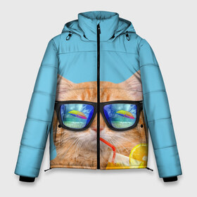 Мужская зимняя куртка 3D с принтом котэ на отдыхе в Новосибирске, верх — 100% полиэстер; подкладка — 100% полиэстер; утеплитель — 100% полиэстер | длина ниже бедра, свободный силуэт Оверсайз. Есть воротник-стойка, отстегивающийся капюшон и ветрозащитная планка. 

Боковые карманы с листочкой на кнопках и внутренний карман на молнии. | кот | котик | лето | море | отдых | очки | пальмы | пляж | рыжий кот | солнце