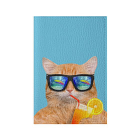 Обложка для паспорта матовая кожа с принтом котэ на отдыхе в Новосибирске, натуральная матовая кожа | размер 19,3 х 13,7 см; прозрачные пластиковые крепления | Тематика изображения на принте: кот | котик | лето | море | отдых | очки | пальмы | пляж | рыжий кот | солнце