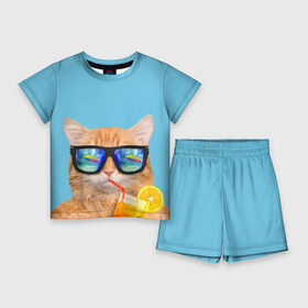 Детский костюм с шортами 3D с принтом котэ на отдыхе в Новосибирске,  |  | Тематика изображения на принте: кот | котик | лето | море | отдых | очки | пальмы | пляж | рыжий кот | солнце