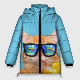 Женская зимняя куртка 3D с принтом котэ на отдыхе в Новосибирске, верх — 100% полиэстер; подкладка — 100% полиэстер; утеплитель — 100% полиэстер | длина ниже бедра, силуэт Оверсайз. Есть воротник-стойка, отстегивающийся капюшон и ветрозащитная планка. 

Боковые карманы с листочкой на кнопках и внутренний карман на молнии | кот | котик | лето | море | отдых | очки | пальмы | пляж | рыжий кот | солнце