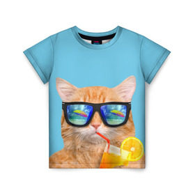 Детская футболка 3D с принтом котэ на отдыхе в Новосибирске, 100% гипоаллергенный полиэфир | прямой крой, круглый вырез горловины, длина до линии бедер, чуть спущенное плечо, ткань немного тянется | кот | котик | лето | море | отдых | очки | пальмы | пляж | рыжий кот | солнце