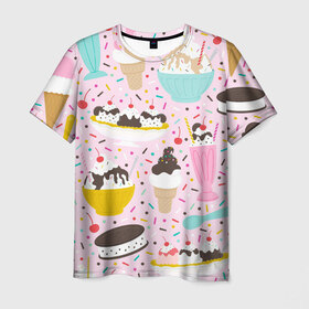 Мужская футболка 3D с принтом Ice Cream в Новосибирске, 100% полиэфир | прямой крой, круглый вырез горловины, длина до линии бедер | food | ice cream | вкусно | еда | мороженое