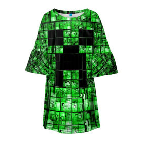 Детское платье 3D с принтом Minecraft в Новосибирске, 100% полиэстер | прямой силуэт, чуть расширенный к низу. Круглая горловина, на рукавах — воланы | Тематика изображения на принте: game | green | minecraft | игра | игрок | компьютерные игры | майнкрафт