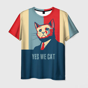 Мужская футболка 3D с принтом Yes we CAT в Новосибирске, 100% полиэфир | прямой крой, круглый вырез горловины, длина до линии бедер | Тематика изображения на принте: cat | kitty | животные | киса | кот | котенок | котэ | кошка