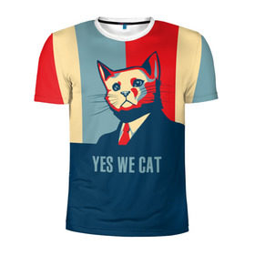 Мужская футболка 3D спортивная с принтом Yes we CAT в Новосибирске, 100% полиэстер с улучшенными характеристиками | приталенный силуэт, круглая горловина, широкие плечи, сужается к линии бедра | Тематика изображения на принте: cat | kitty | животные | киса | кот | котенок | котэ | кошка