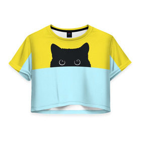 Женская футболка 3D укороченная с принтом Moon в Новосибирске, 100% полиэстер | круглая горловина, длина футболки до линии талии, рукава с отворотами | 3d | cat | kitty | животные | иллюстрация | киса | кот | кот спрятался | котенок | котэ | кошка | минимализм | рисунок | цифровое искусство