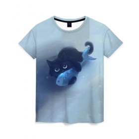Женская футболка 3D с принтом Рыбка в Новосибирске, 100% полиэфир ( синтетическое хлопкоподобное полотно) | прямой крой, круглый вырез горловины, длина до линии бедер | cat | kitty | животные | киса | кот | котенок | котэ | кошка