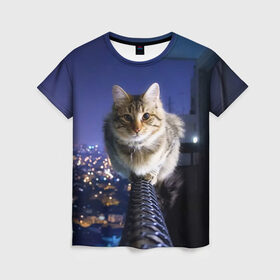 Женская футболка 3D с принтом Киса на балконе в Новосибирске, 100% полиэфир ( синтетическое хлопкоподобное полотно) | прямой крой, круглый вырез горловины, длина до линии бедер | cat | kitty | животные | киса | кот | котенок | котэ | кошка