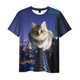 Мужская футболка 3D с принтом Киса на балконе в Новосибирске, 100% полиэфир | прямой крой, круглый вырез горловины, длина до линии бедер | cat | kitty | животные | киса | кот | котенок | котэ | кошка
