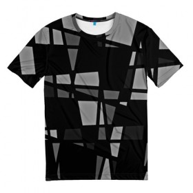 Мужская футболка 3D с принтом Geometry figure в Новосибирске, 100% полиэфир | прямой крой, круглый вырез горловины, длина до линии бедер | бумага | геометрия | грани | изгиб | линии | полигоны | полосы | постель | серый | сочетания | текстура | треугольники | черный