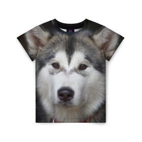Детская футболка 3D с принтом Хаски в Новосибирске, 100% гипоаллергенный полиэфир | прямой крой, круглый вырез горловины, длина до линии бедер, чуть спущенное плечо, ткань немного тянется | Тематика изображения на принте: волк | маламут | собака | хаски | щенок