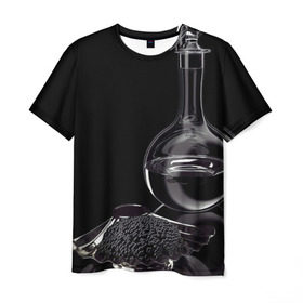 Мужская футболка 3D с принтом Водка и черная икра в Новосибирске, 100% полиэфир | прямой крой, круглый вырез горловины, длина до линии бедер | графин | еда | жидкость | закуска | темный | черный