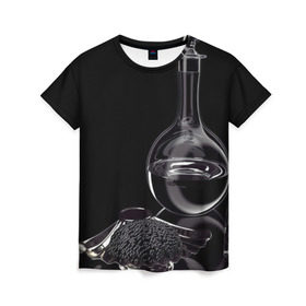 Женская футболка 3D с принтом Водка и черная икра в Новосибирске, 100% полиэфир ( синтетическое хлопкоподобное полотно) | прямой крой, круглый вырез горловины, длина до линии бедер | графин | еда | жидкость | закуска | темный | черный