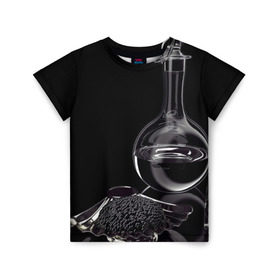 Детская футболка 3D с принтом Водка и черная икра в Новосибирске, 100% гипоаллергенный полиэфир | прямой крой, круглый вырез горловины, длина до линии бедер, чуть спущенное плечо, ткань немного тянется | Тематика изображения на принте: графин | еда | жидкость | закуска | темный | черный