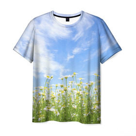 Мужская футболка 3D с принтом Ромашковое поле в Новосибирске, 100% полиэфир | прямой крой, круглый вырез горловины, длина до линии бедер | желтый | красный | любовь | новинки | подарок | розы | сердце | текстура | тюльпаны | цветы