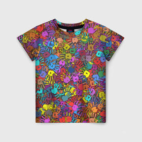 Детская футболка 3D с принтом Разноцветные отпечатки рук в Новосибирске, 100% гипоаллергенный полиэфир | прямой крой, круглый вырез горловины, длина до линии бедер, чуть спущенное плечо, ткань немного тянется | Тематика изображения на принте: клякса | краски | ладонь | пятна | рука | холи | цвет | цветные
