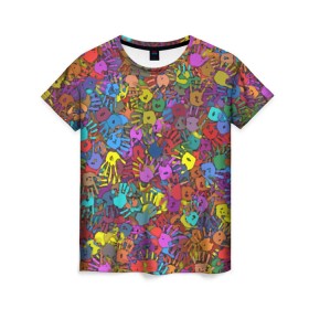 Женская футболка 3D с принтом Разноцветные отпечатки рук в Новосибирске, 100% полиэфир ( синтетическое хлопкоподобное полотно) | прямой крой, круглый вырез горловины, длина до линии бедер | клякса | краски | ладонь | пятна | рука | холи | цвет | цветные