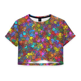Женская футболка 3D укороченная с принтом Разноцветные отпечатки рук в Новосибирске, 100% полиэстер | круглая горловина, длина футболки до линии талии, рукава с отворотами | Тематика изображения на принте: клякса | краски | ладонь | пятна | рука | холи | цвет | цветные