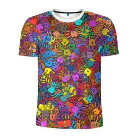 Мужская футболка 3D спортивная с принтом Разноцветные отпечатки рук в Новосибирске, 100% полиэстер с улучшенными характеристиками | приталенный силуэт, круглая горловина, широкие плечи, сужается к линии бедра | клякса | краски | ладонь | пятна | рука | холи | цвет | цветные