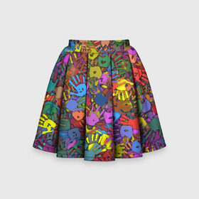 Детская юбка-солнце 3D с принтом Разноцветные отпечатки рук в Новосибирске, 100% полиэстер | Эластичный пояс, крупные складки | Тематика изображения на принте: клякса | краски | ладонь | пятна | рука | холи | цвет | цветные