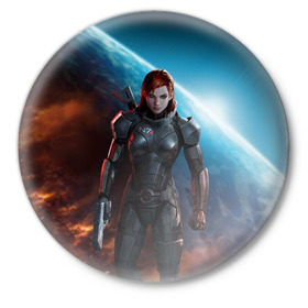Значок с принтом Mass Effect в Новосибирске,  металл | круглая форма, металлическая застежка в виде булавки | Тематика изображения на принте: n7 | shepard | галактика | жнец | космос | масс | нормандия | планета | шепард | эффект