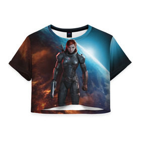 Женская футболка 3D укороченная с принтом Mass Effect в Новосибирске, 100% полиэстер | круглая горловина, длина футболки до линии талии, рукава с отворотами | n7 | shepard | галактика | жнец | космос | масс | нормандия | планета | шепард | эффект