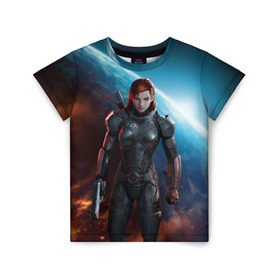 Детская футболка 3D с принтом Mass Effect в Новосибирске, 100% гипоаллергенный полиэфир | прямой крой, круглый вырез горловины, длина до линии бедер, чуть спущенное плечо, ткань немного тянется | n7 | shepard | галактика | жнец | космос | масс | нормандия | планета | шепард | эффект