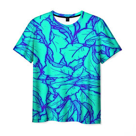 Мужская футболка 3D с принтом Фрактальные лепестки в Новосибирске, 100% полиэфир | прямой крой, круглый вырез горловины, длина до линии бедер | листья | паттерн | синий